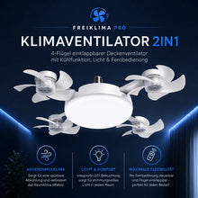 Lade das Bild in den Galerie-Viewer, FreiKlima Pro Klimaventilator 2in1 – 4-Flügel einklappbarer Deckenventilator mit Kühlfunktion, Licht & Fernbedienung