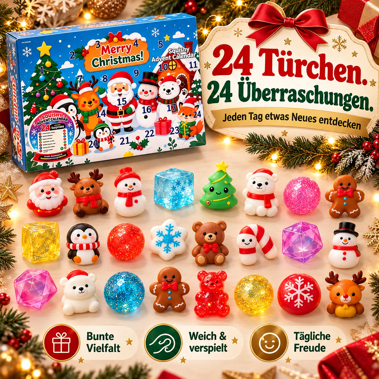 24-Tage Squishy-Überraschung Adventskalender 2026 - Nachhaltiger Spielspaß