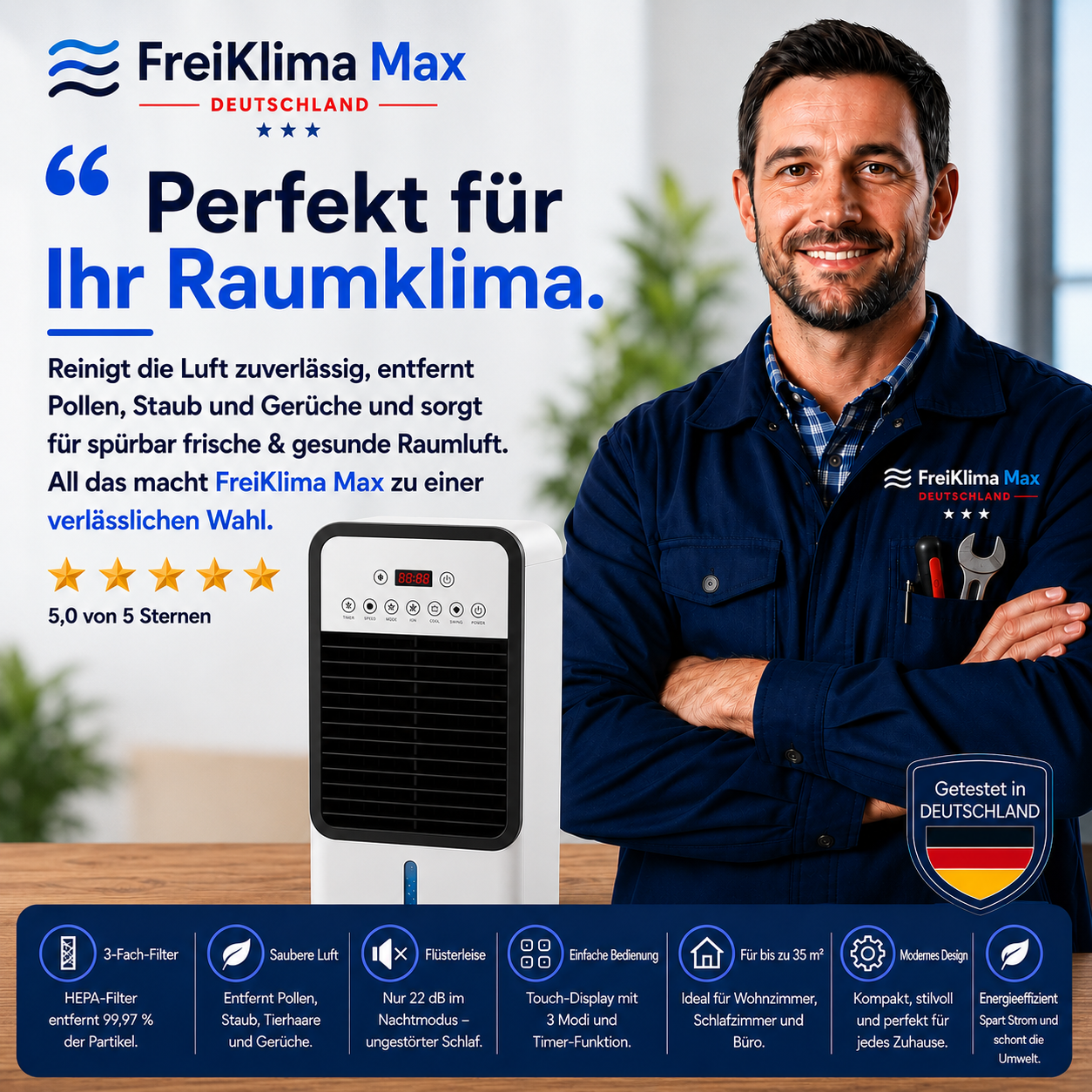 FreiKlima Max - Mobile Allround-Klimaanlage – Kühlt im Sommer, Heizt im Winter | Ohne Installation