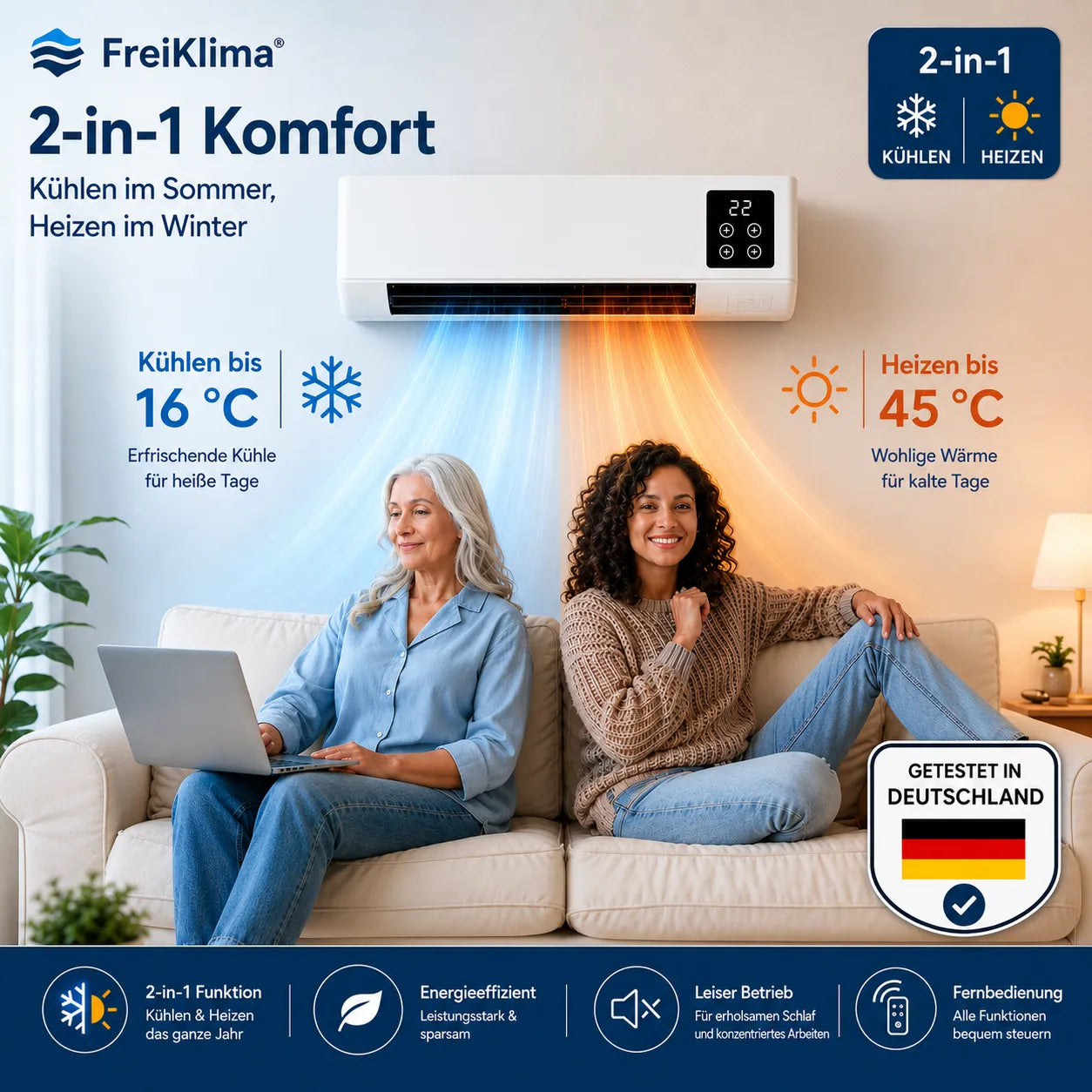 FreiKlima Pro – Condizionatore portatile e riscaldamento senza installazione | 2-in-1 | Fino a 51 m²
