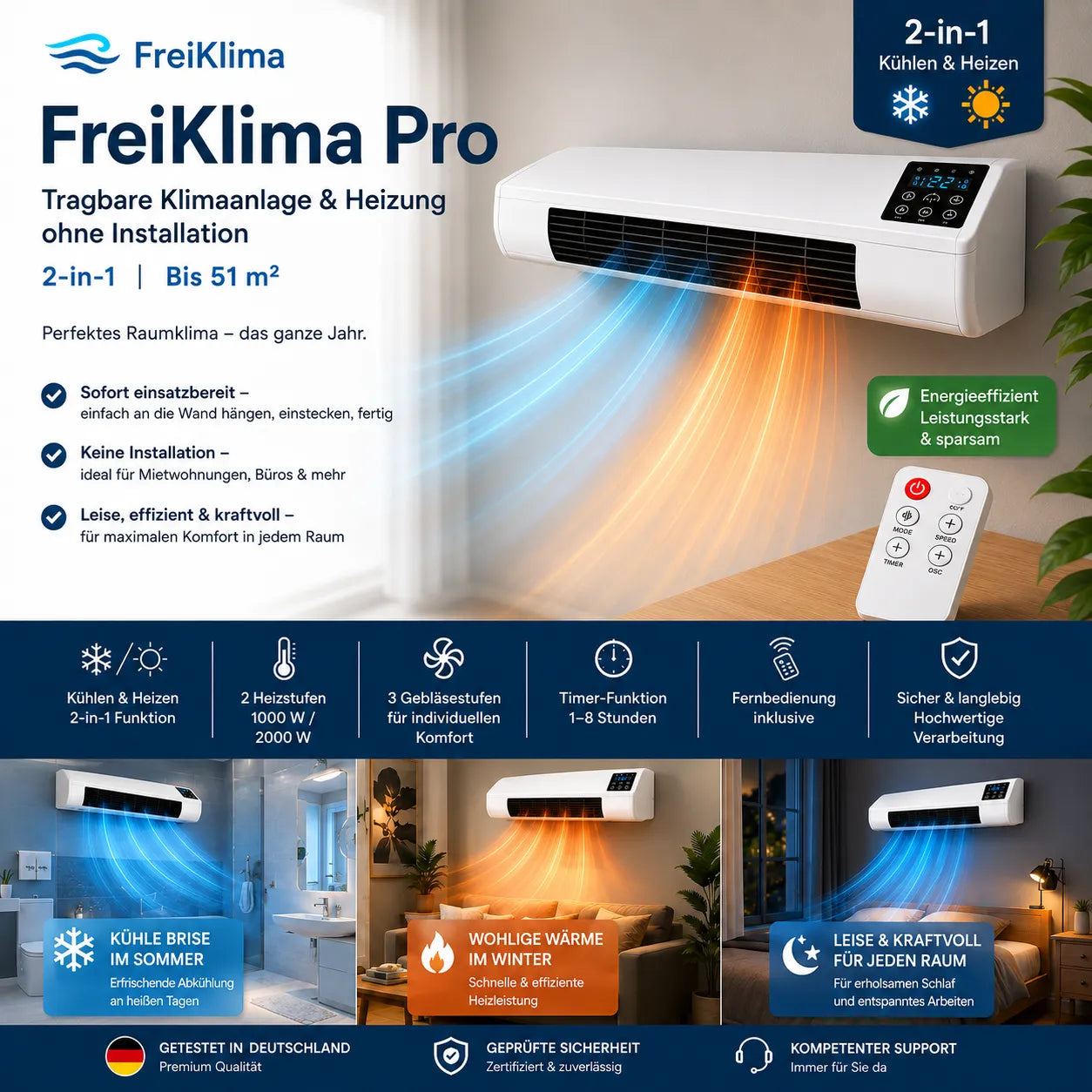 FreiKlima Pro – Condizionatore portatile e riscaldamento senza installazione | 2-in-1 | Fino a 51 m²