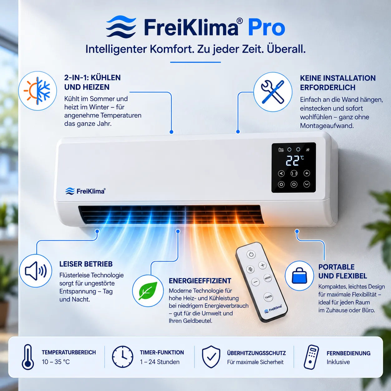 FreiKlima Pro – Condizionatore portatile e riscaldamento senza installazione | 2-in-1 | Fino a 51 m²